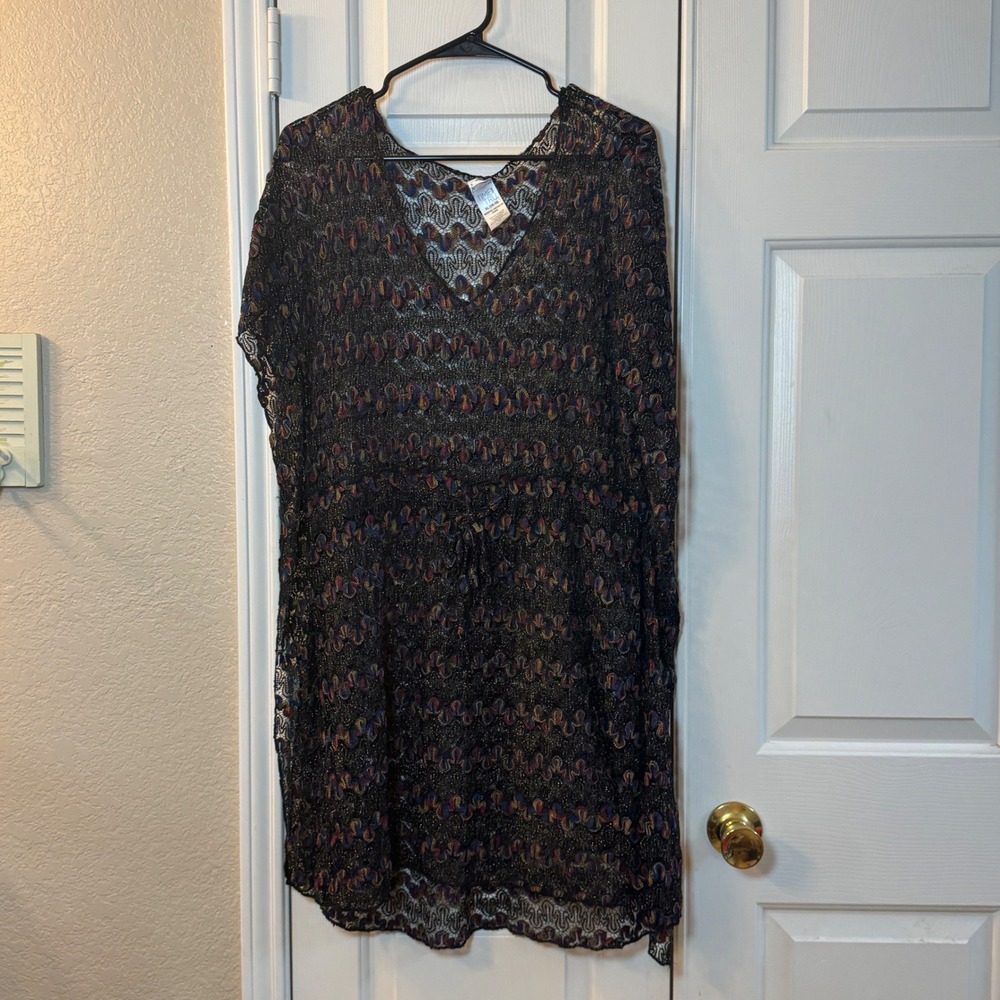 Sheer Black Multicolor Paisley Women's XL Swim Cover Up Drawstring -Time And Tru